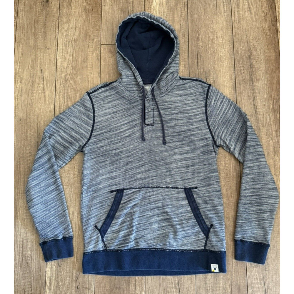 Lucky Brand ATHLETICS Navy Blue & White Striped 1/4 Snap Hooded Sweatshirt Sz‎ S